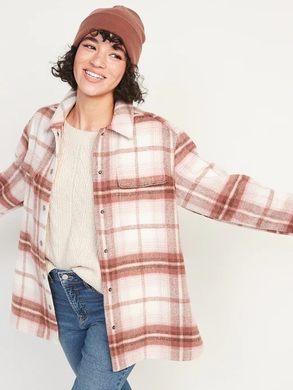 Old Navy Pink and Cream Plaid Utility Shacket